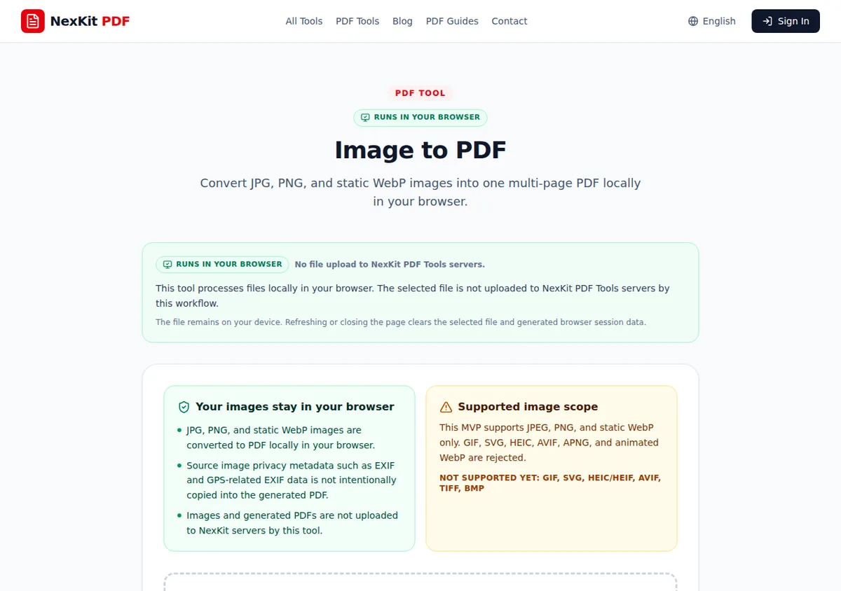 NexKit Image to PDF tool showing three generated scanned pages selected in order
