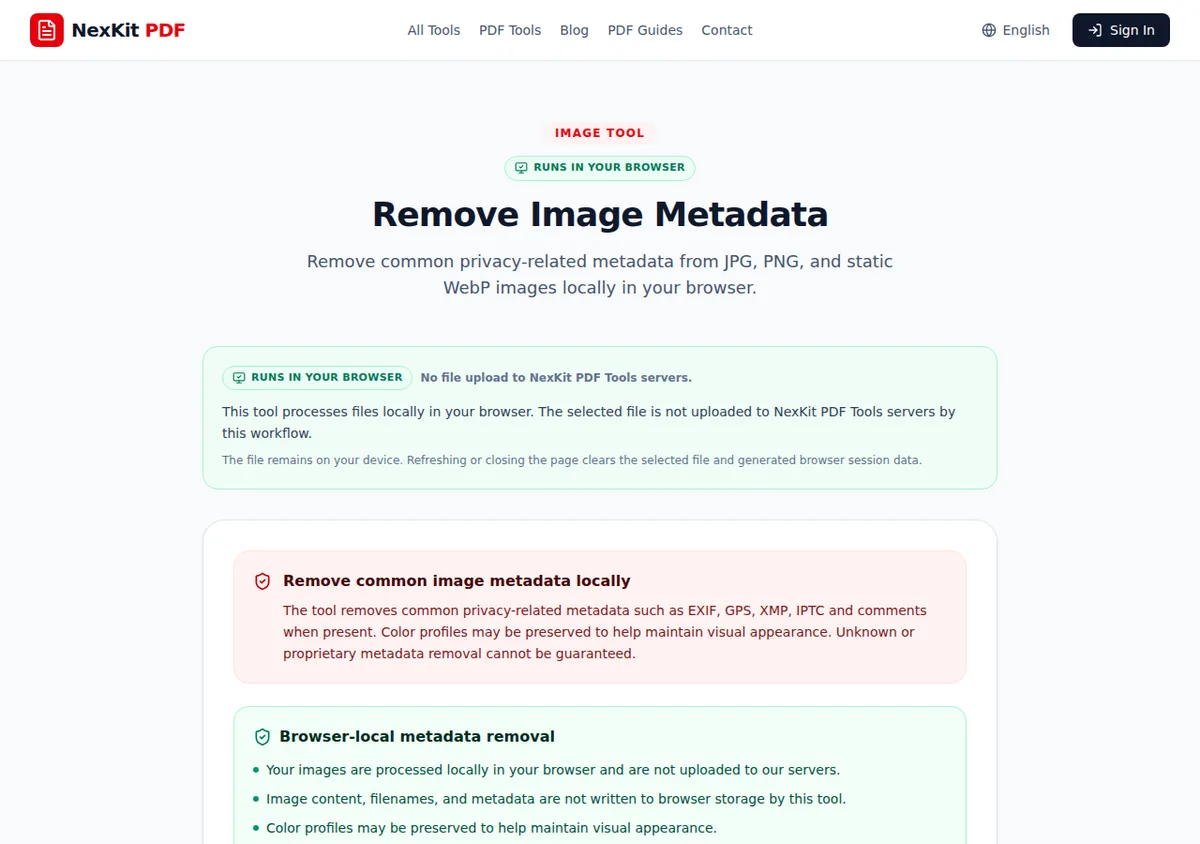 NexKit Remove Image Metadata page showing browser-local processing disclosure before a generated WebP test